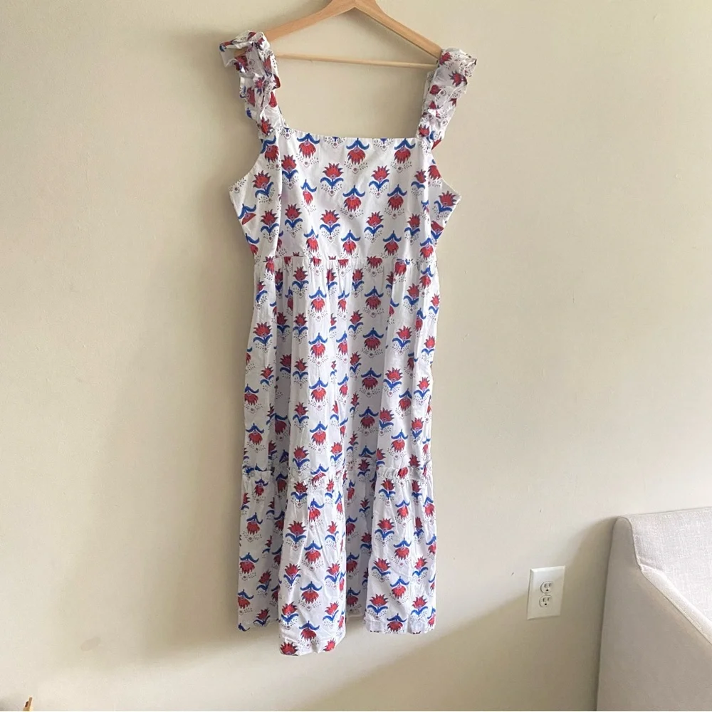 NEW J. Crew Square Neck Midi Dress in Floral Red White Blue Print - 18